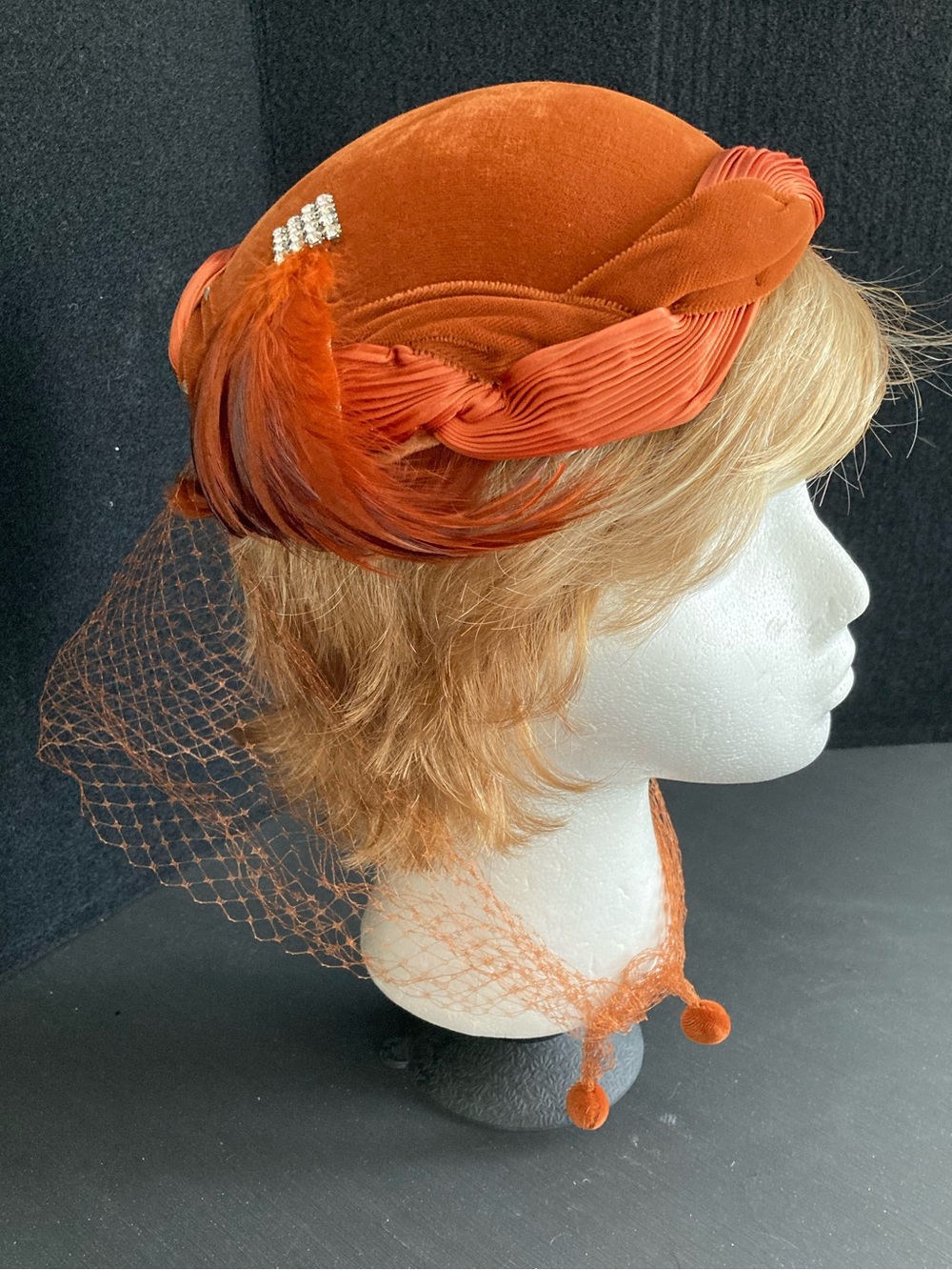 Vintage Velvet Pillbox Hat with Feathers, Rhinestones & Veil - Coppery Orange